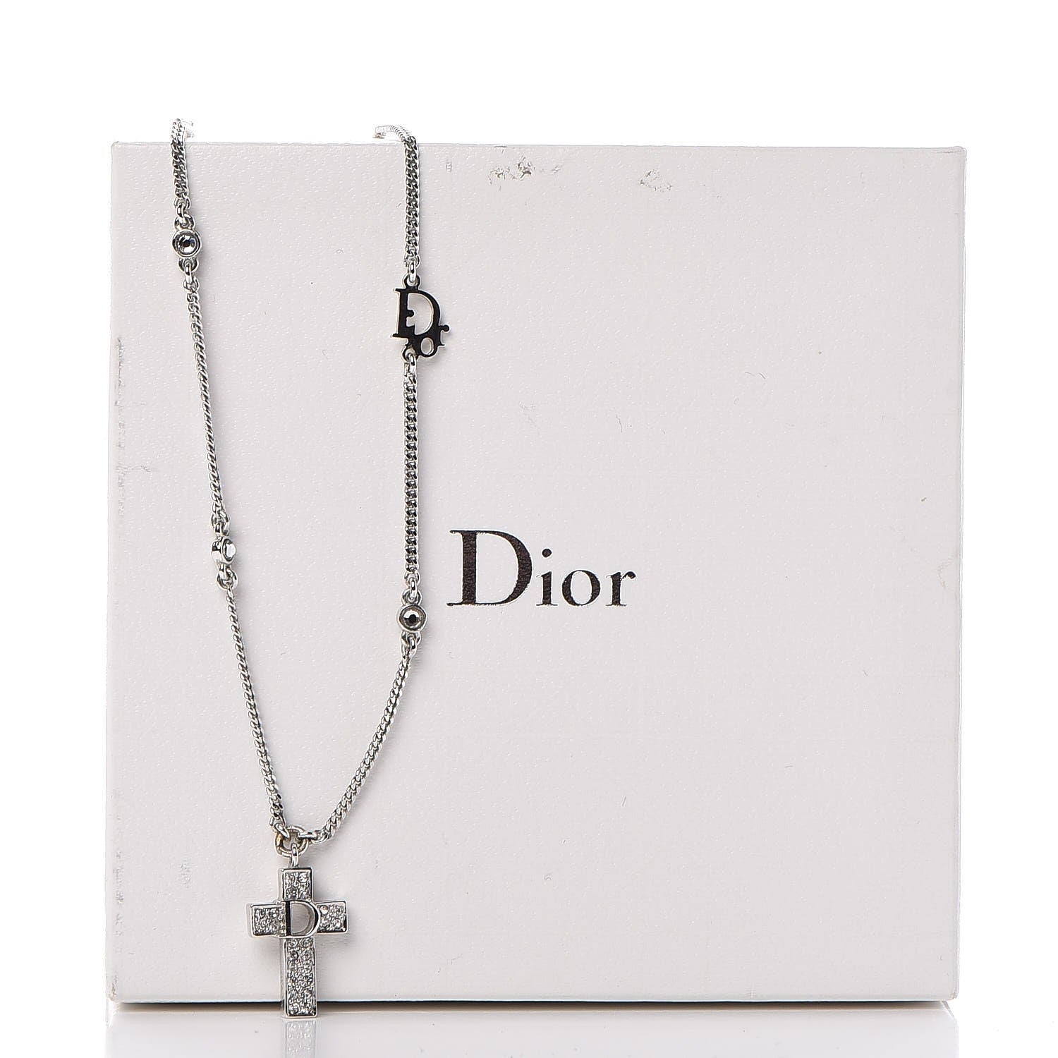 Christian Dior Crystal Cross Necklace Silver 307482