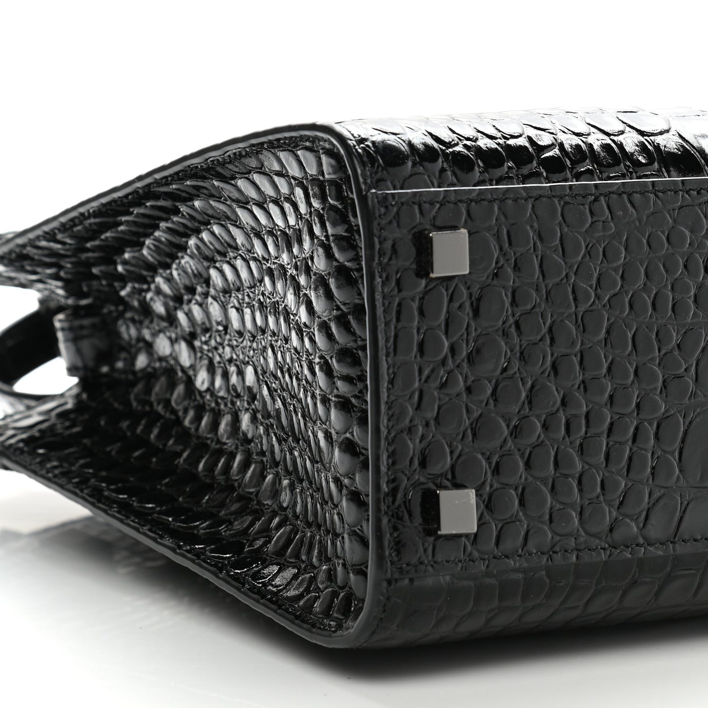 Shiny Calfskin Crocodile Embossed Small Manhattan Shopper Tote Black