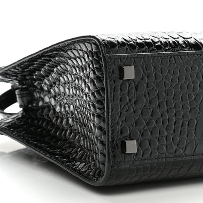 Saint Laurent Shiny Calfskin Crocodile Embossed Small Manhattan Shopper Tote Black 9 of 10