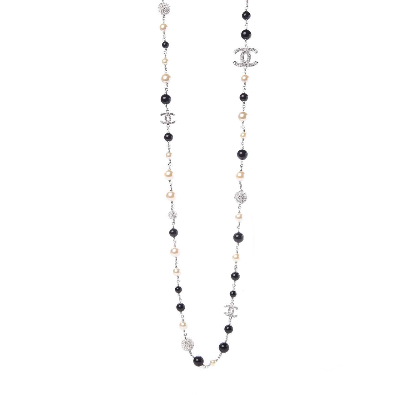 Chanel Pearl Crystal Bead CC Long Necklace Silver Black White 1 of 7