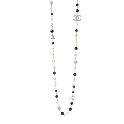 Chanel Pearl Crystal Bead CC Long Necklace Silver Black White 1 of 7