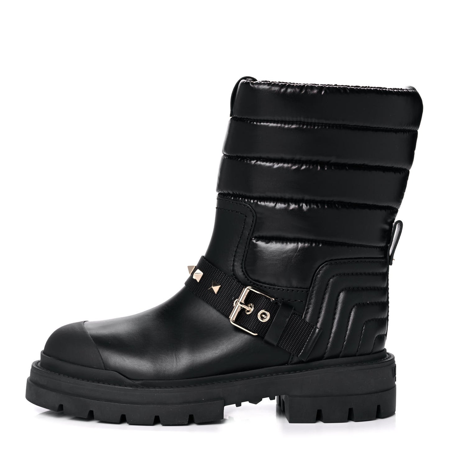 Calfskin Nylon Quilted Waterproof Rockstud 40mm Biker Boots 37.5 Black