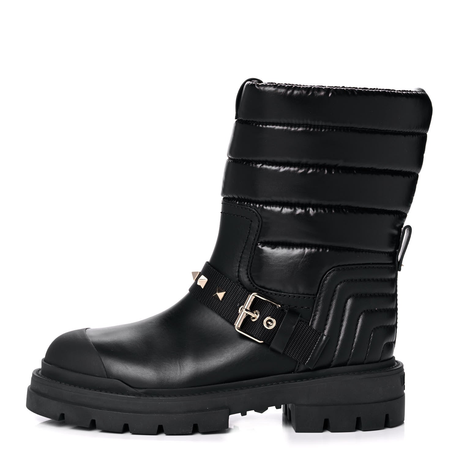 Valentino Garavani Calfskin Nylon Quilted Waterproof Rockstud 40mm Biker Boots 37.5 Black 1 of 11