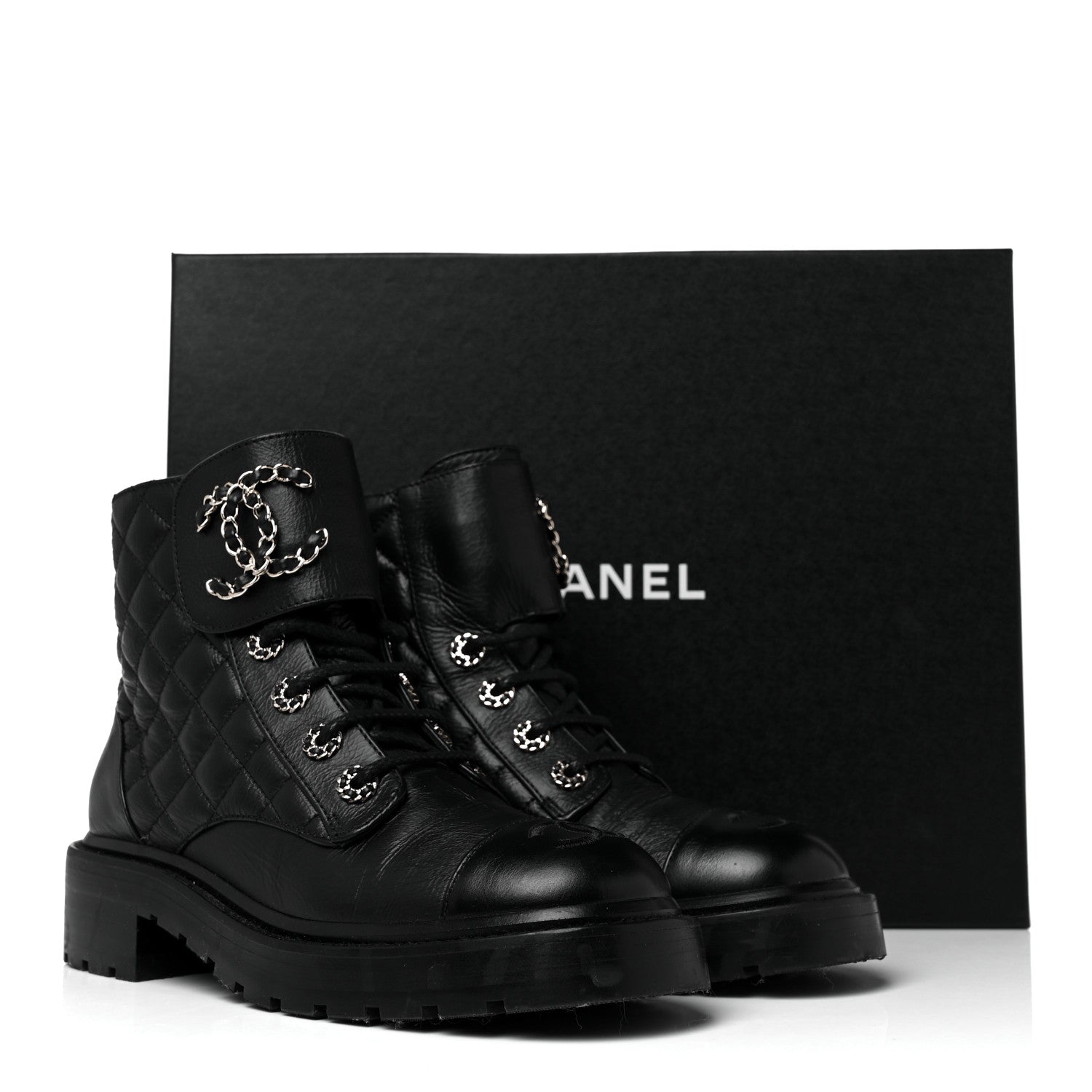 Chanel Shiny Goatskin Calfskin Quilted Lace Up Combat Boots 37 Black 8 of 8