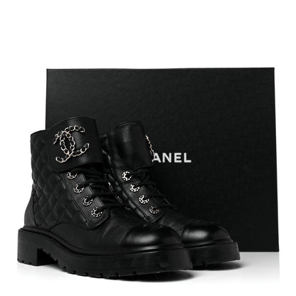 Chanel Shiny Goatskin Calfskin Quilted Lace Up Combat Boots 37 Black 8 of 8