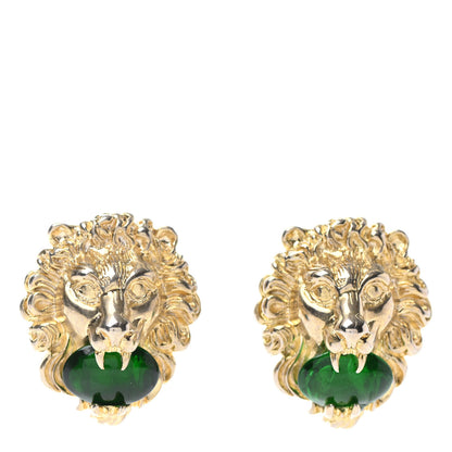 Gucci Crystal Lion Head Clip On Earrings Aged Gold Green 1 of 4