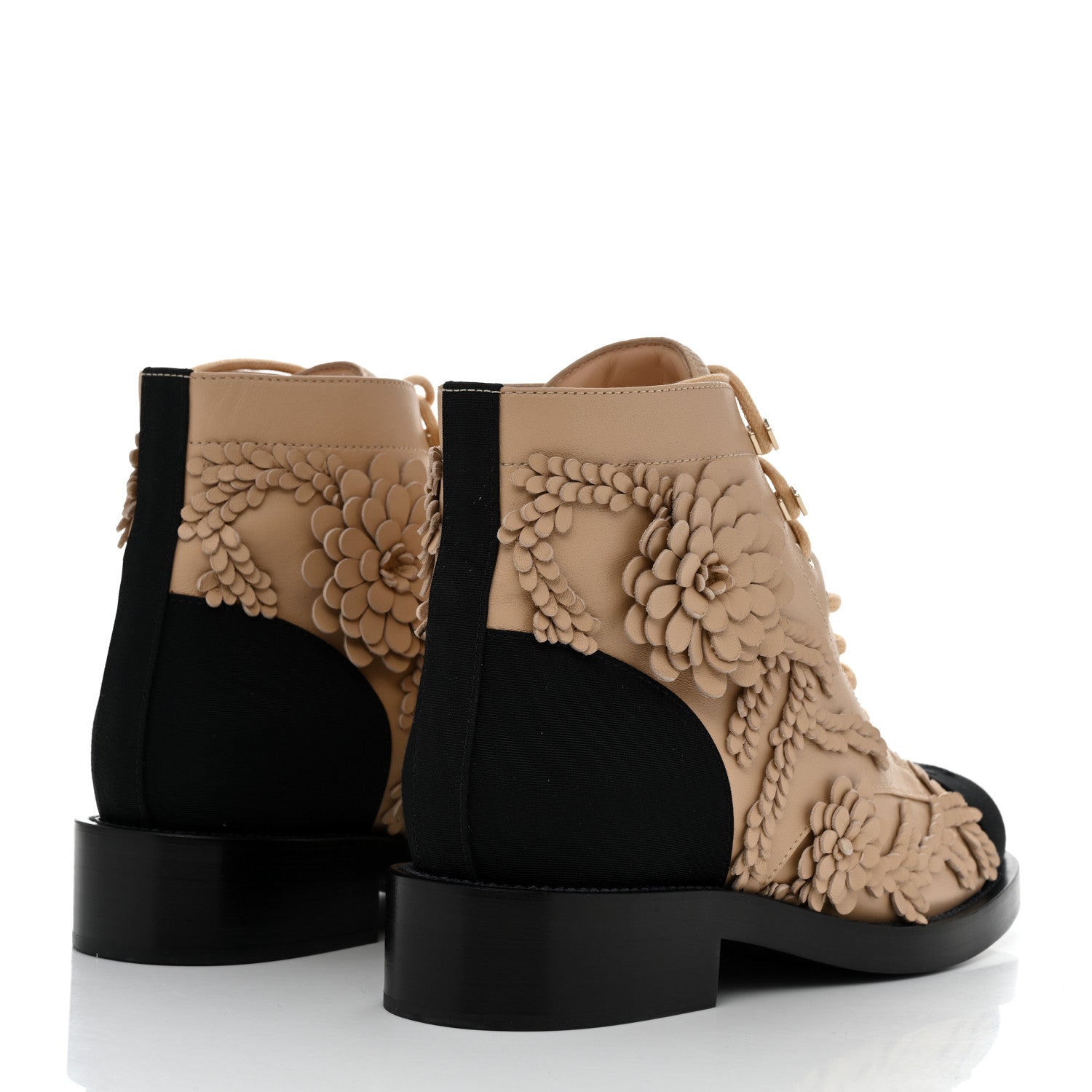 Chanel Embroidered Lambskin Grosgrain Lace Up Boots 40 Beige Black 4 of 8