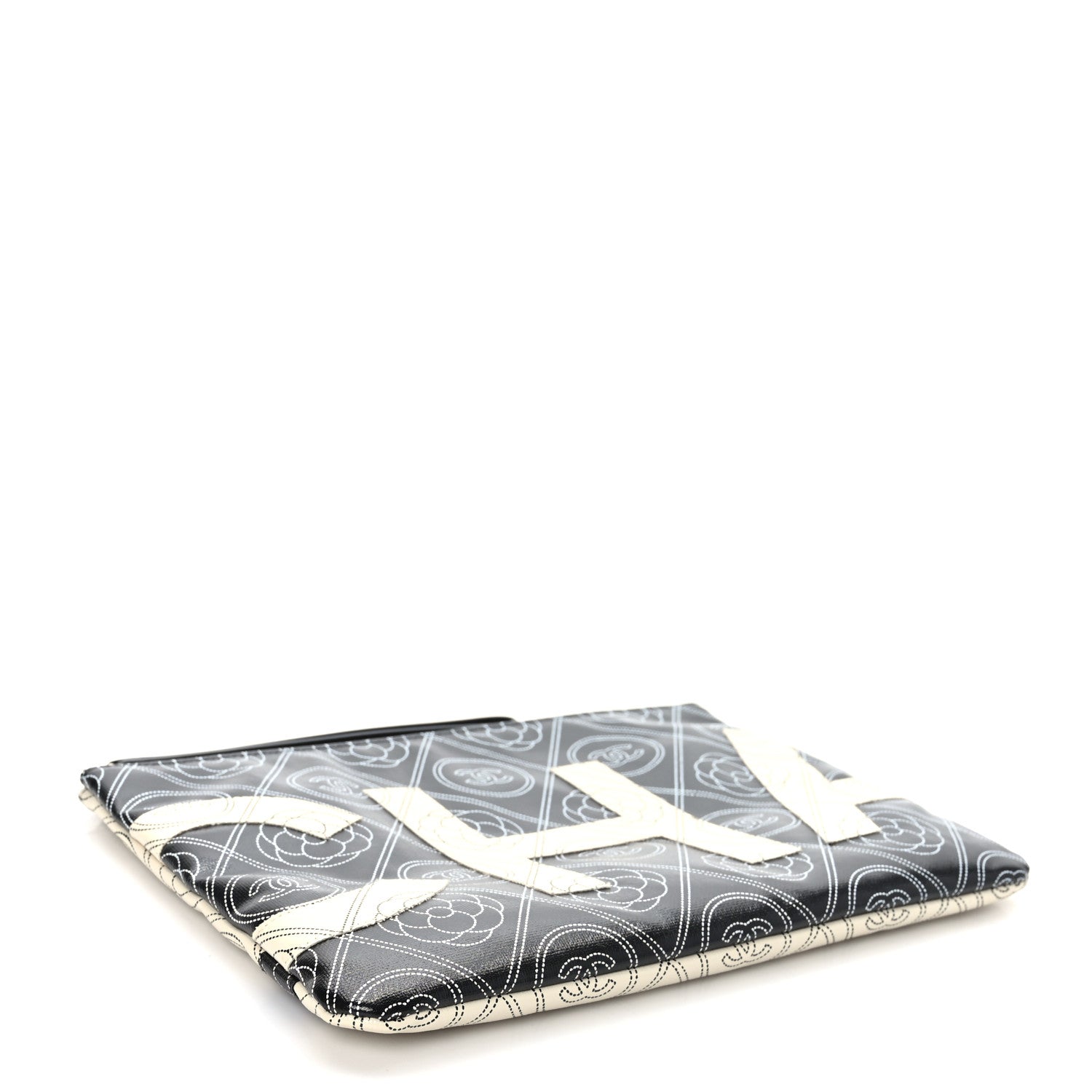 Chanel Coated Canvas Calfskin Camellia Printed Pouch Black Beige 4 of 7