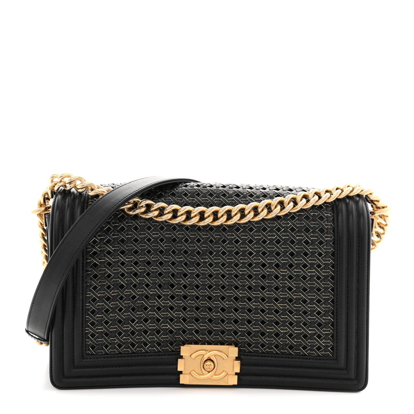Lambskin Braided Woven Medium Boy Flap Navy Black