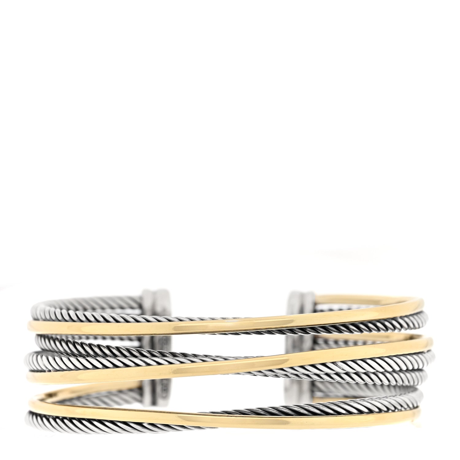 David Yurman Sterling Silver 18K Yellow Gold 21mm Four Row Crossover Cuff Bracelet 1 of 3