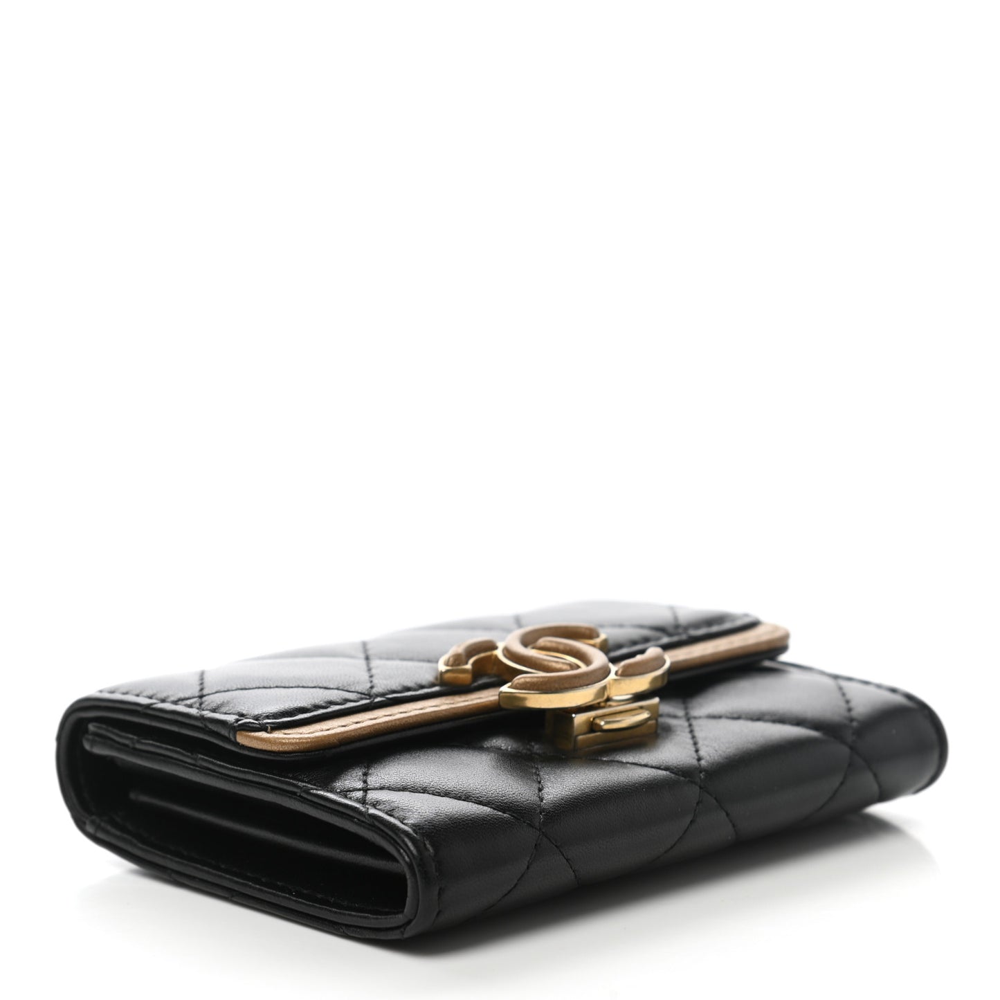 Lambskin Quilted CC Chic Flap Card Holder Black Gold