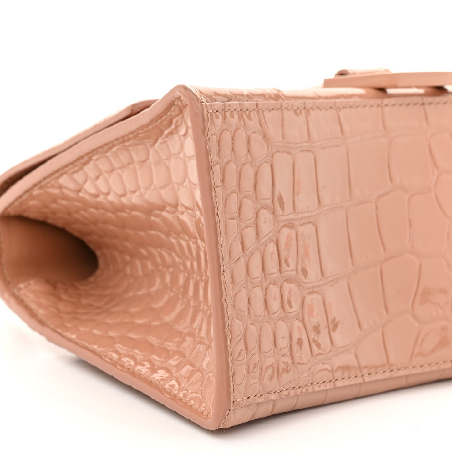 Shiny Calfskin Monochrome Crocodile Embossed Small Hourglass Top Handle Bag Nude Beige
