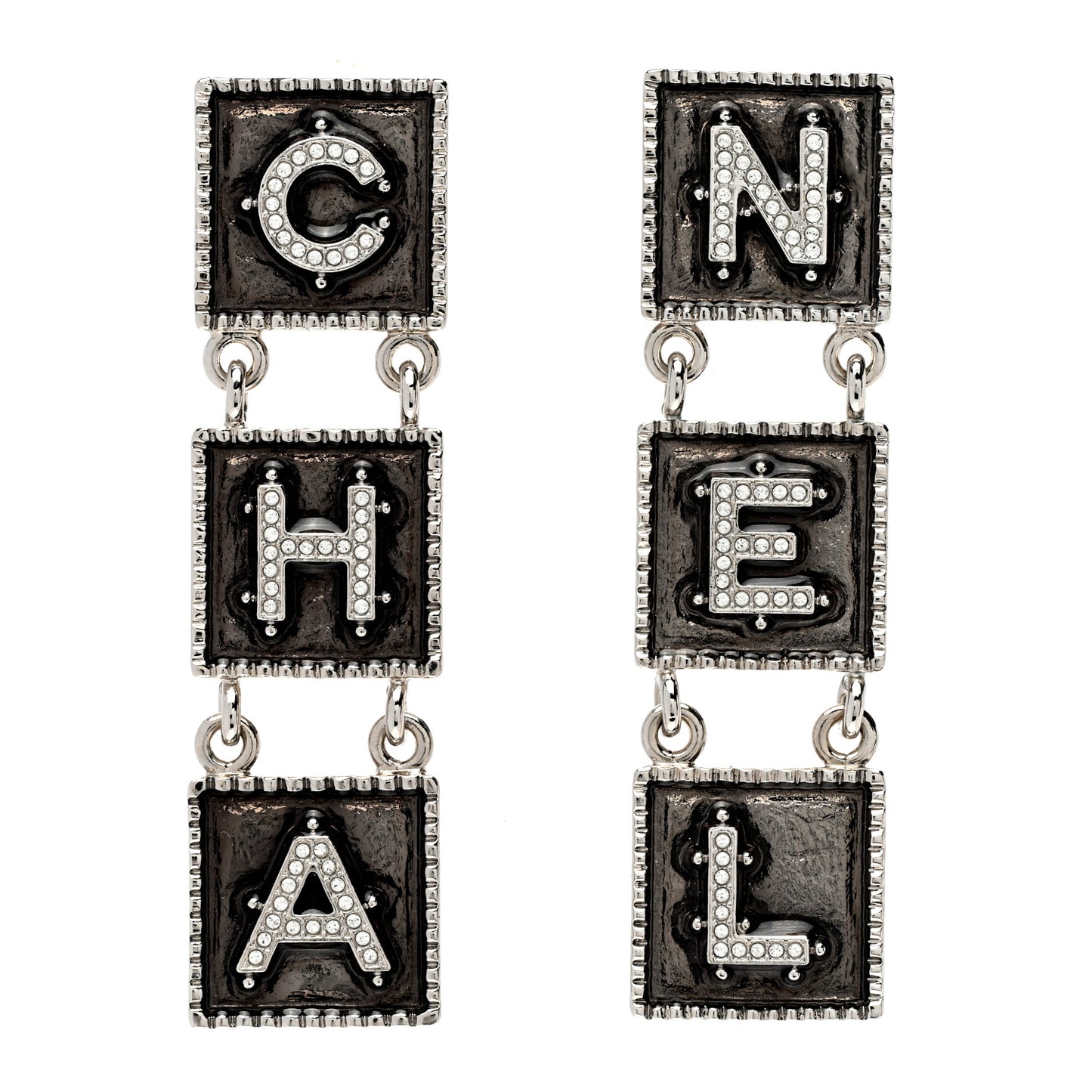 Metal Crystal Cha-Nel Logo Drop Earrings Silver
