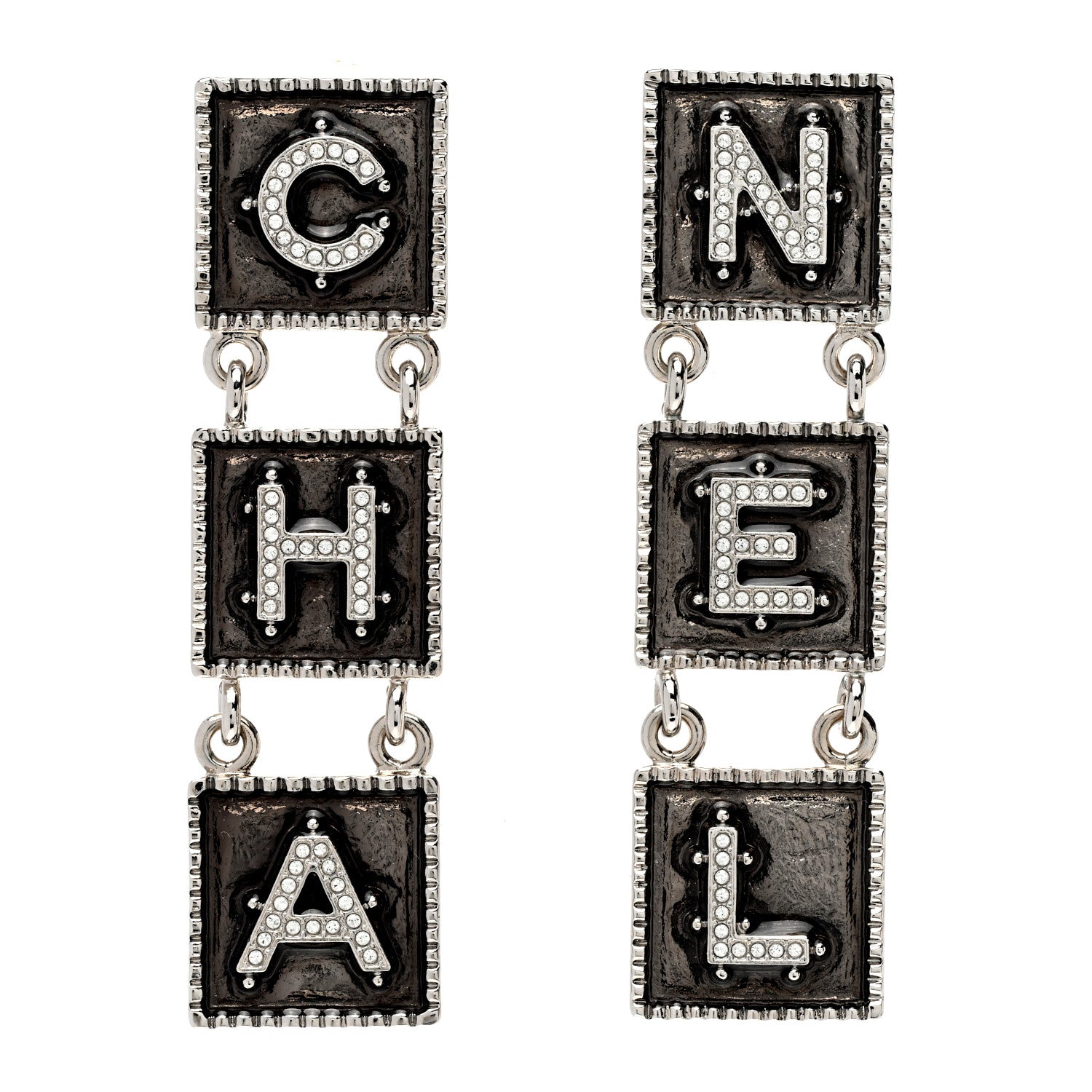 Chanel Metal Crystal Cha-Nel Logo Drop Earrings Silver 1 of 5