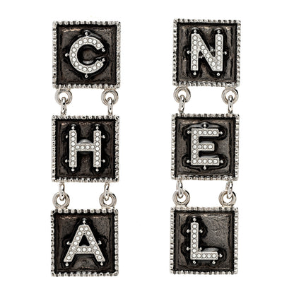 Chanel Metal Crystal Cha-Nel Logo Drop Earrings Silver 1 of 5