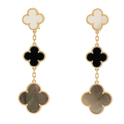 Van Cleef & Arpels 18K Yellow Gold Mother of Pearl Black Onyx 3 Motifs Magic Alhambra Earrings 1 of 5