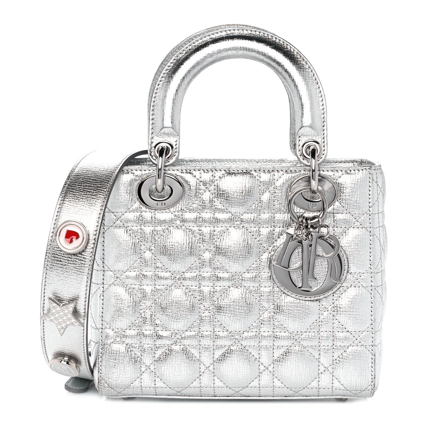 Metallic Grained Calfskin Cannage Small Lucky Badges My Lady Dior Silver
