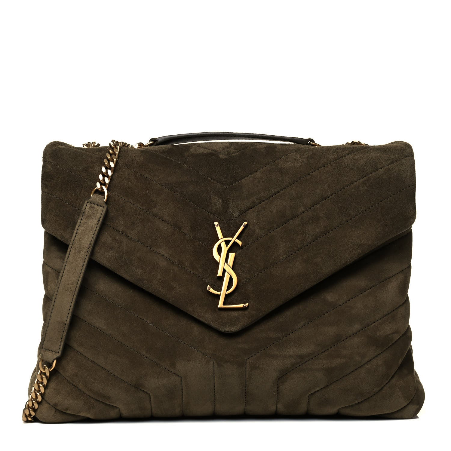 Saint Laurent Suede Y Quilted Monogram Medium Loulou Chain Satchel Olive 1 of 9