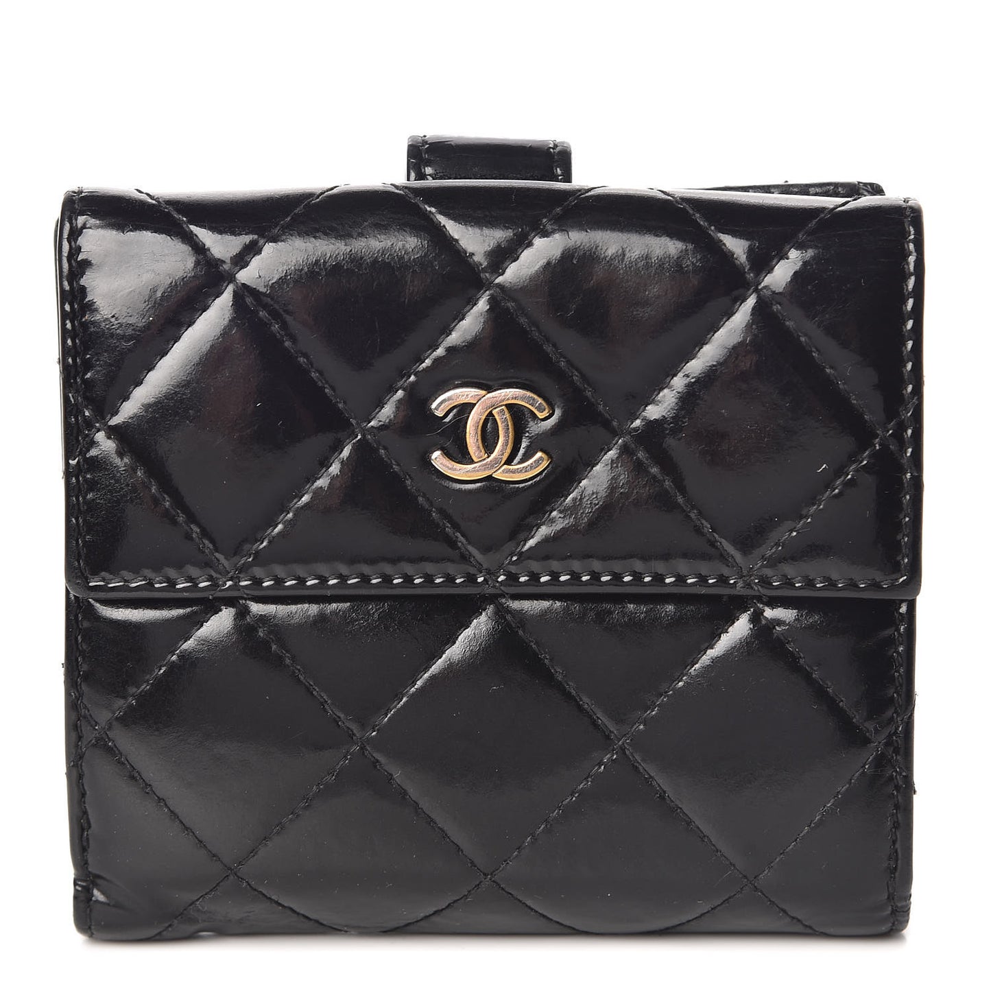 Patent Quilted Compact French Flap Wallet Black