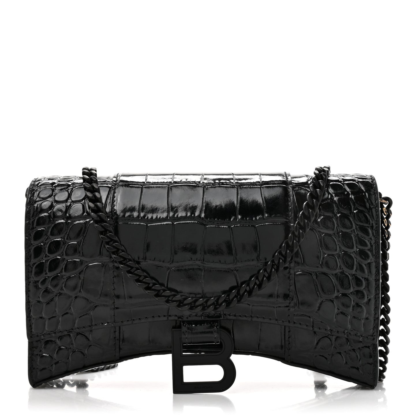 Shiny Calfskin Monochrome Crocodile Embossed Hourglass Chain Bag Black