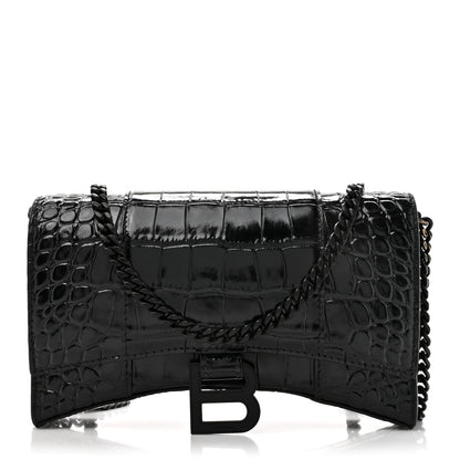 Balenciaga Shiny Calfskin Monochrome Crocodile Embossed Hourglass Chain Bag Black 1 of 23