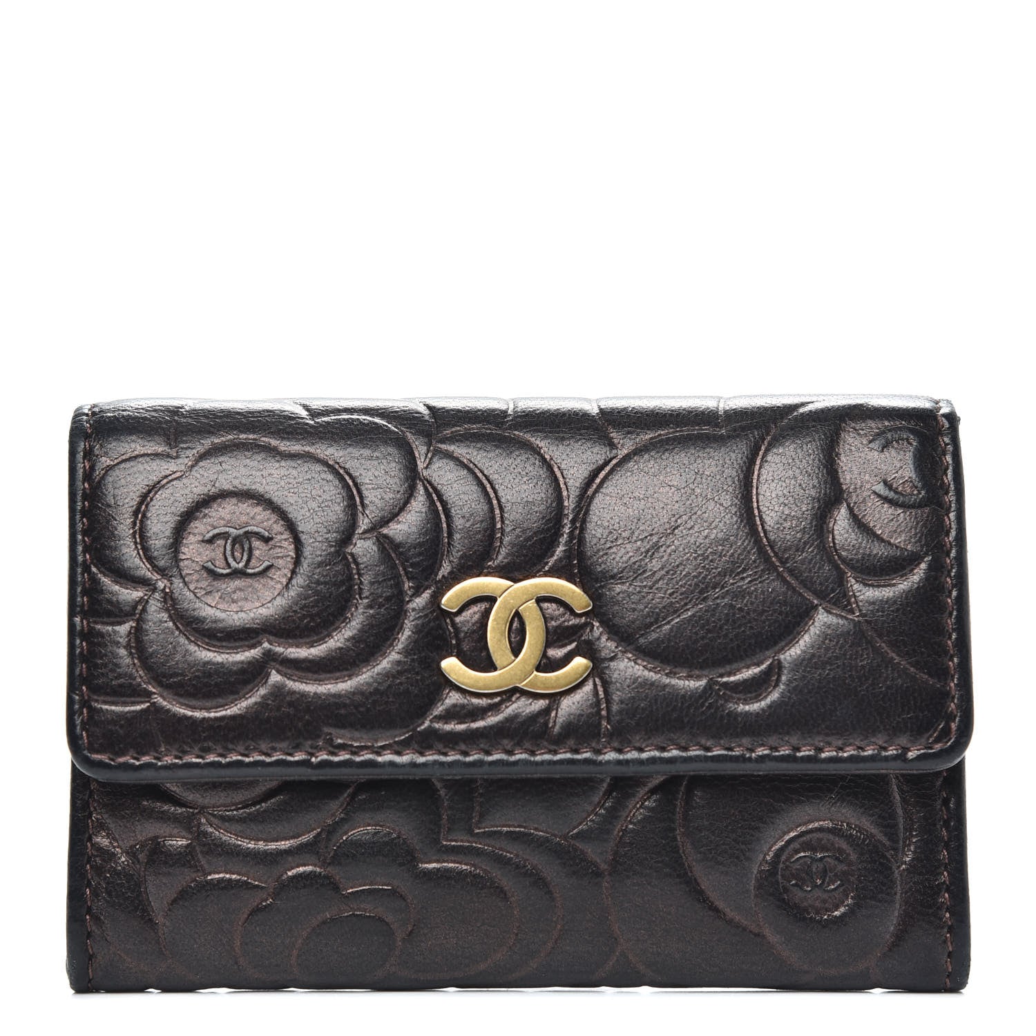 Chanel Lambskin Camellia Embossed Flap Card Holder Brown 1 of 9