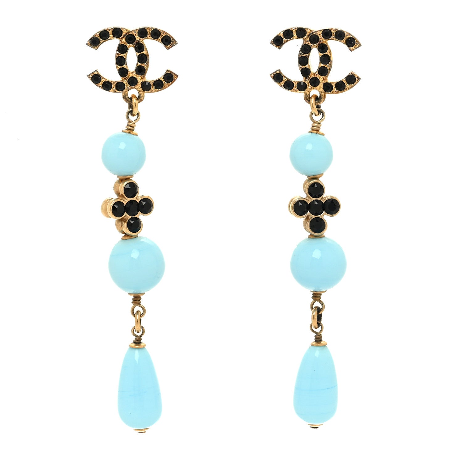Chanel Crystal Bead CC Dangle Earrings Gold Blue Black 1 of 5