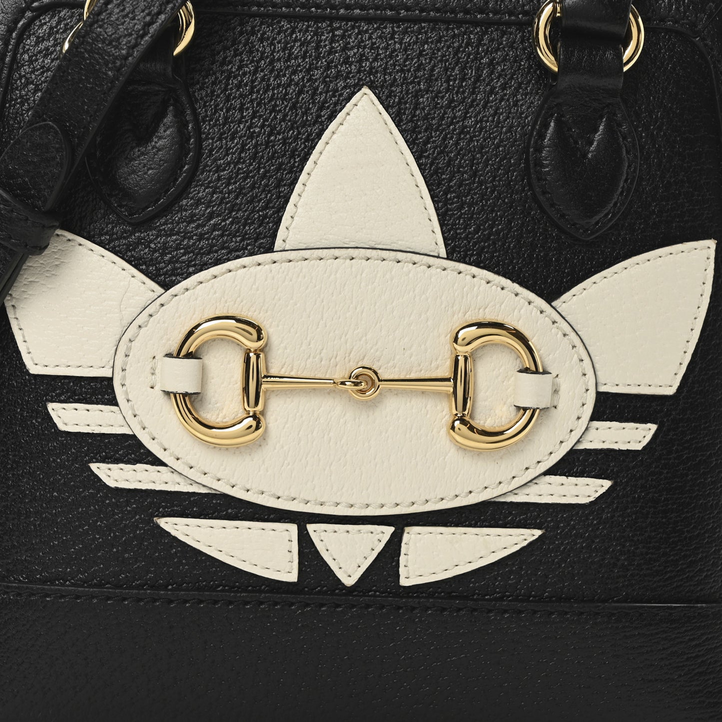 X ADIDAS Textured Dollar Calfskin Web Trefoil Mini Horsebit 1955 Top Handle Bag Black Off White