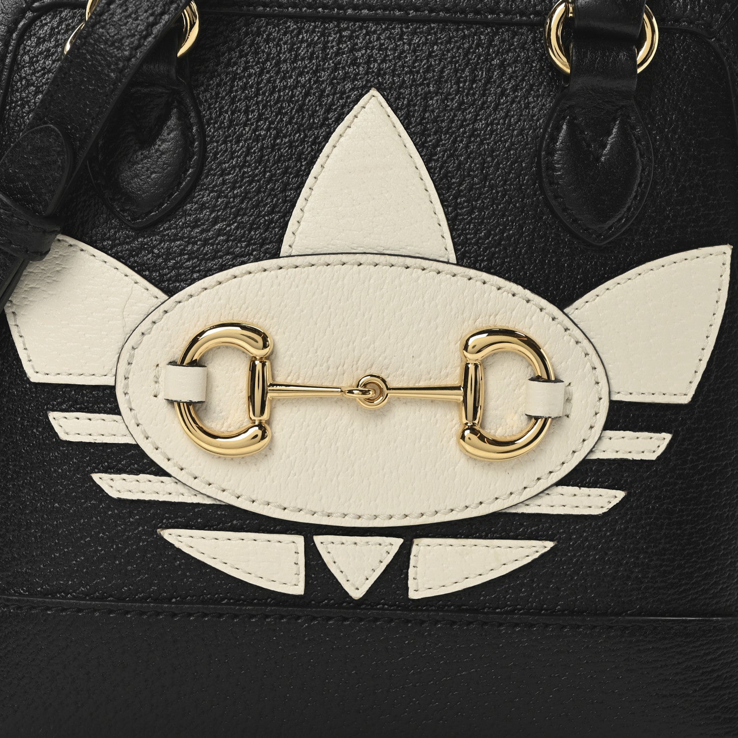 Gucci X ADIDAS Textured Dollar Calfskin Web Trefoil Mini Horsebit 1955 Top Handle Bag Black Off White 8 of 10