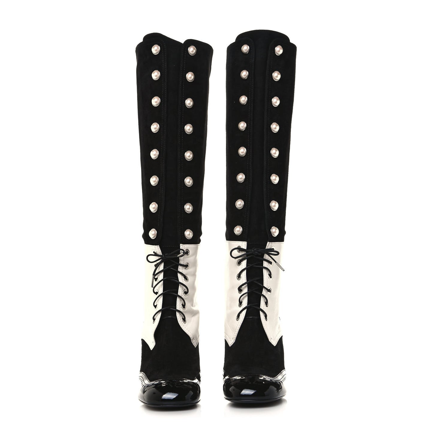 Kid Suede Lambskin Patent Calfskin Pearl Lace Up High Boots 38.5 Black Ecru