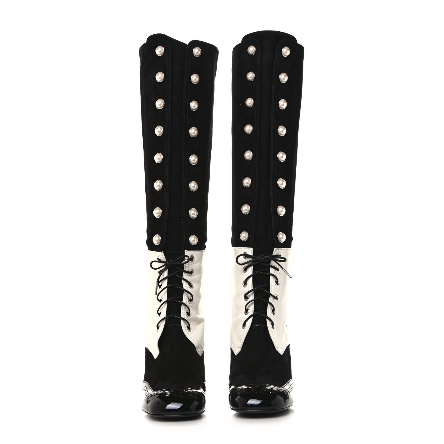 Chanel Kid Suede Lambskin Patent Calfskin Pearl Lace Up High Boots 38.5 Black Ecru 2 of 8