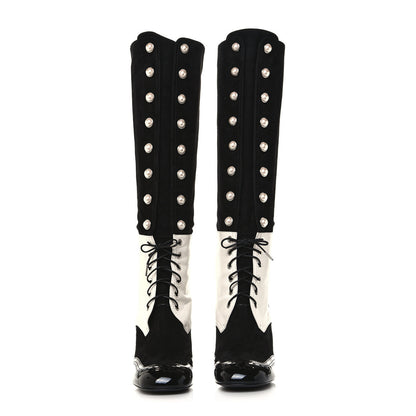 Chanel Kid Suede Lambskin Patent Calfskin Pearl Lace Up High Boots 38.5 Black Ecru 2 of 8