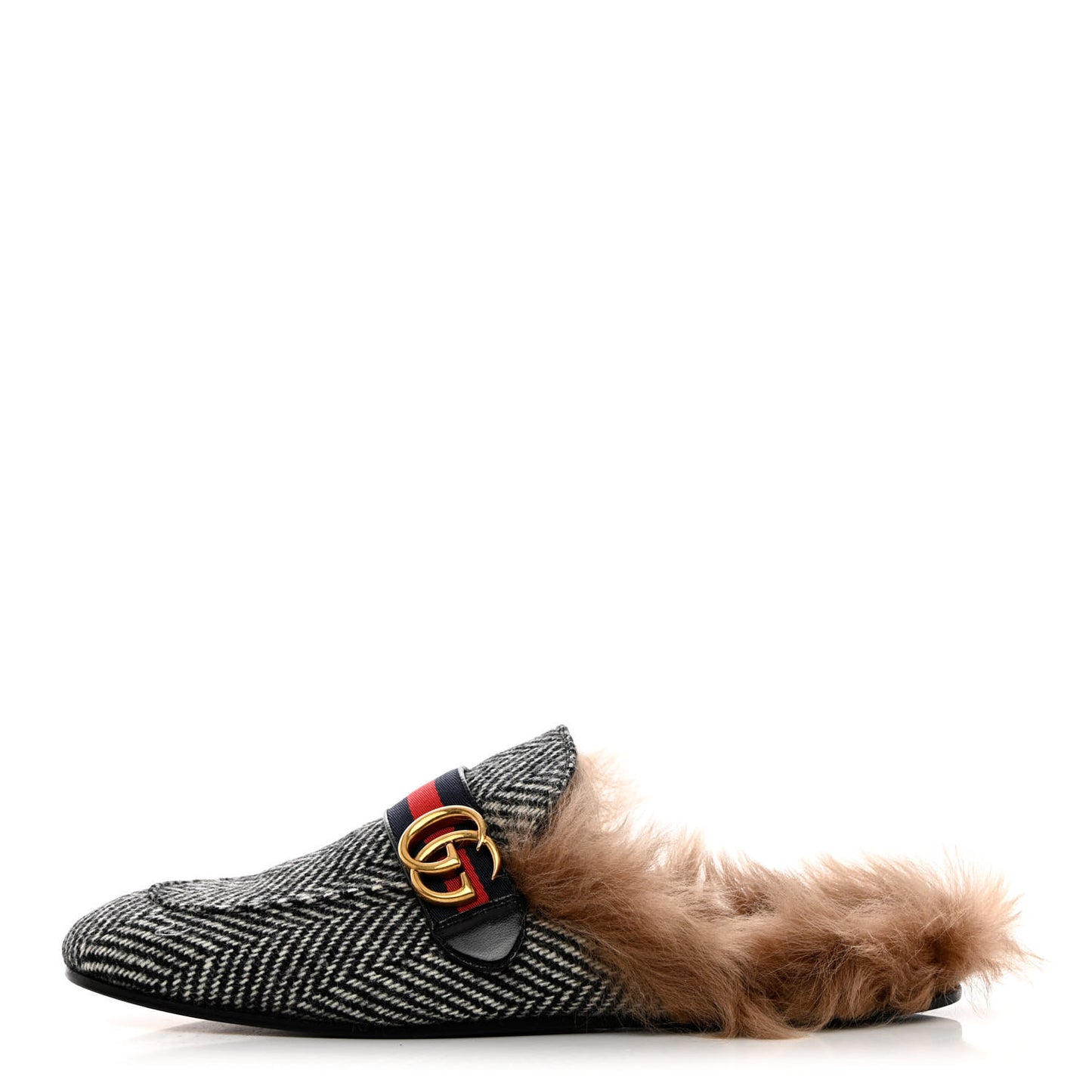 Herringbone Fur Web GG Mens Princetown Slippers 10 Black White
