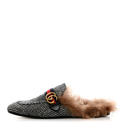 Gucci Herringbone Fur Web GG Mens Princetown Slippers 10 Black White 1 of 12
