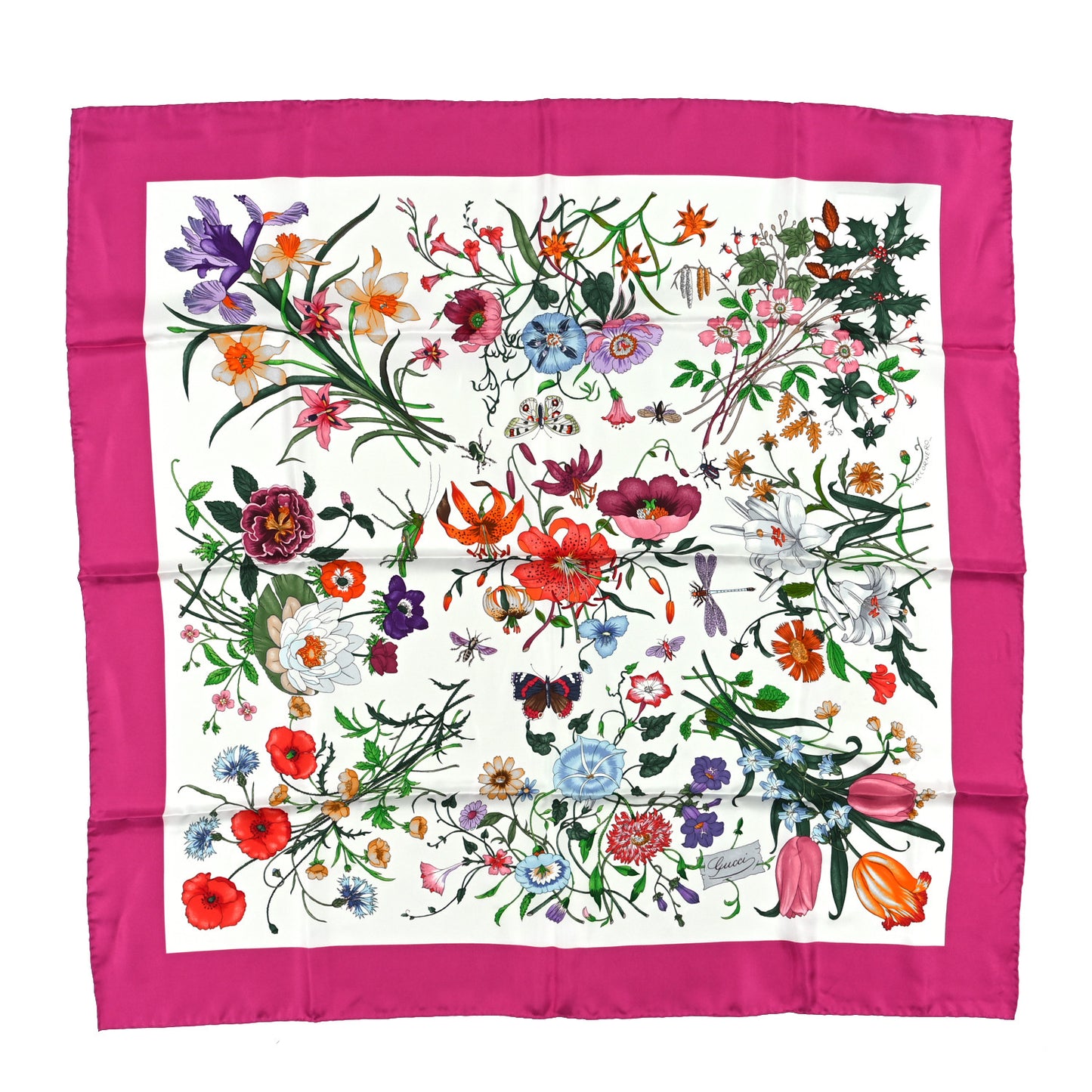 Silk Twill Flora Fluo Square Scarf Ivory Pink