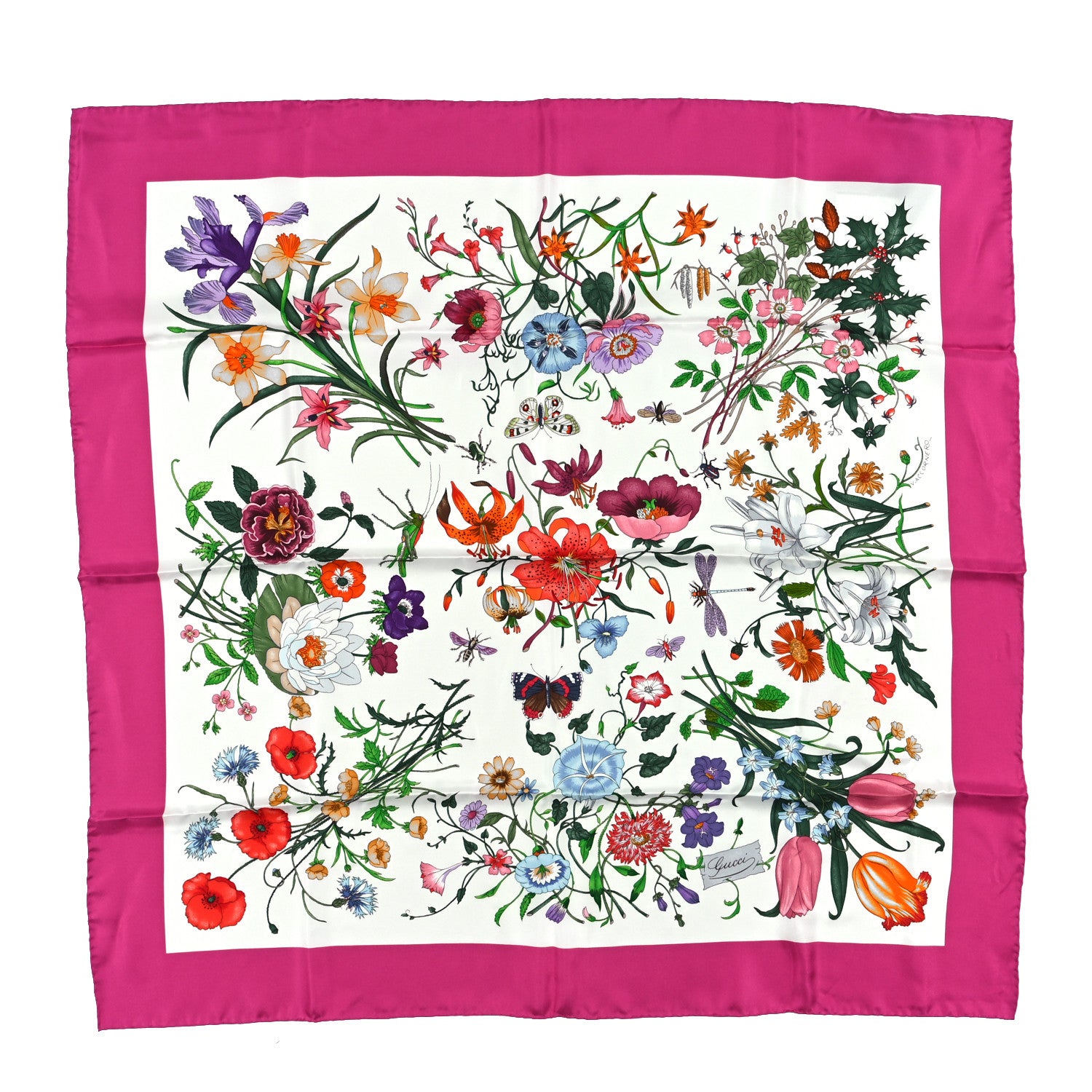 Gucci Silk Twill Flora Fluo Square Scarf Ivory Pink 1 of 4