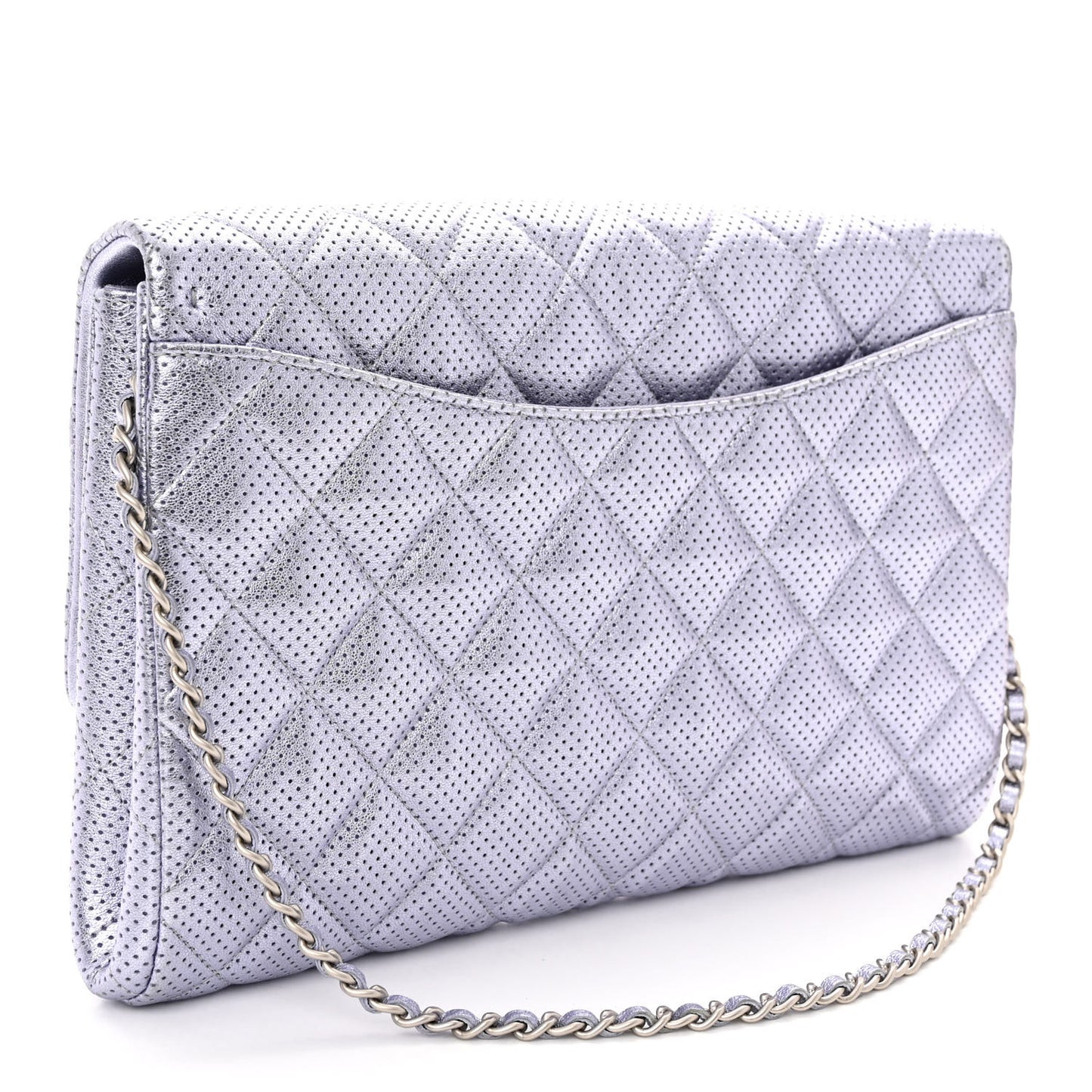 Metallic Perforated Lambskin Quilted Clutch With Chain Flap Silver