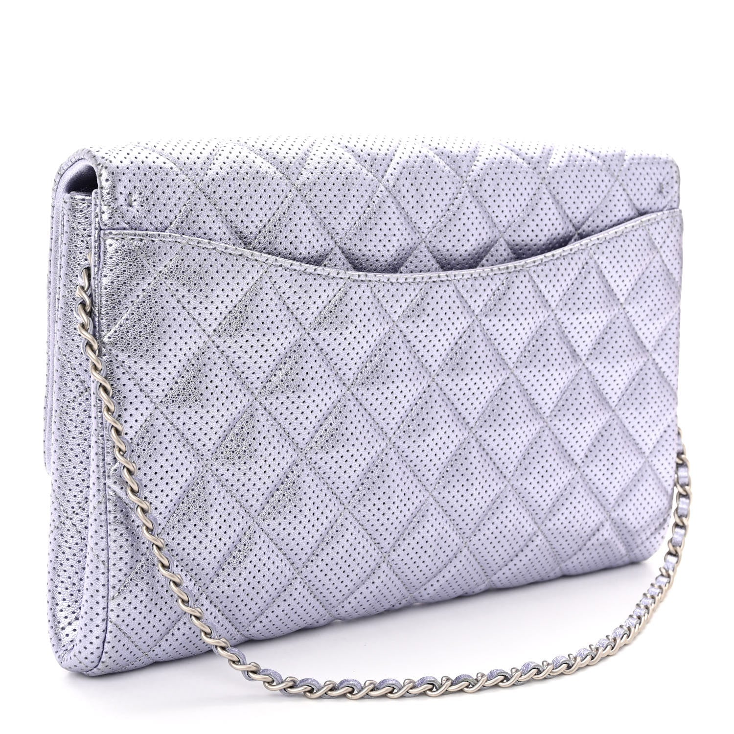 Chanel Metallic Perforated Lambskin Quilted Clutch With Chain Flap Silver 3 of 11