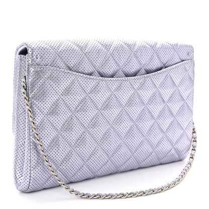 Chanel Metallic Perforated Lambskin Quilted Clutch With Chain Flap Silver 3 of 11