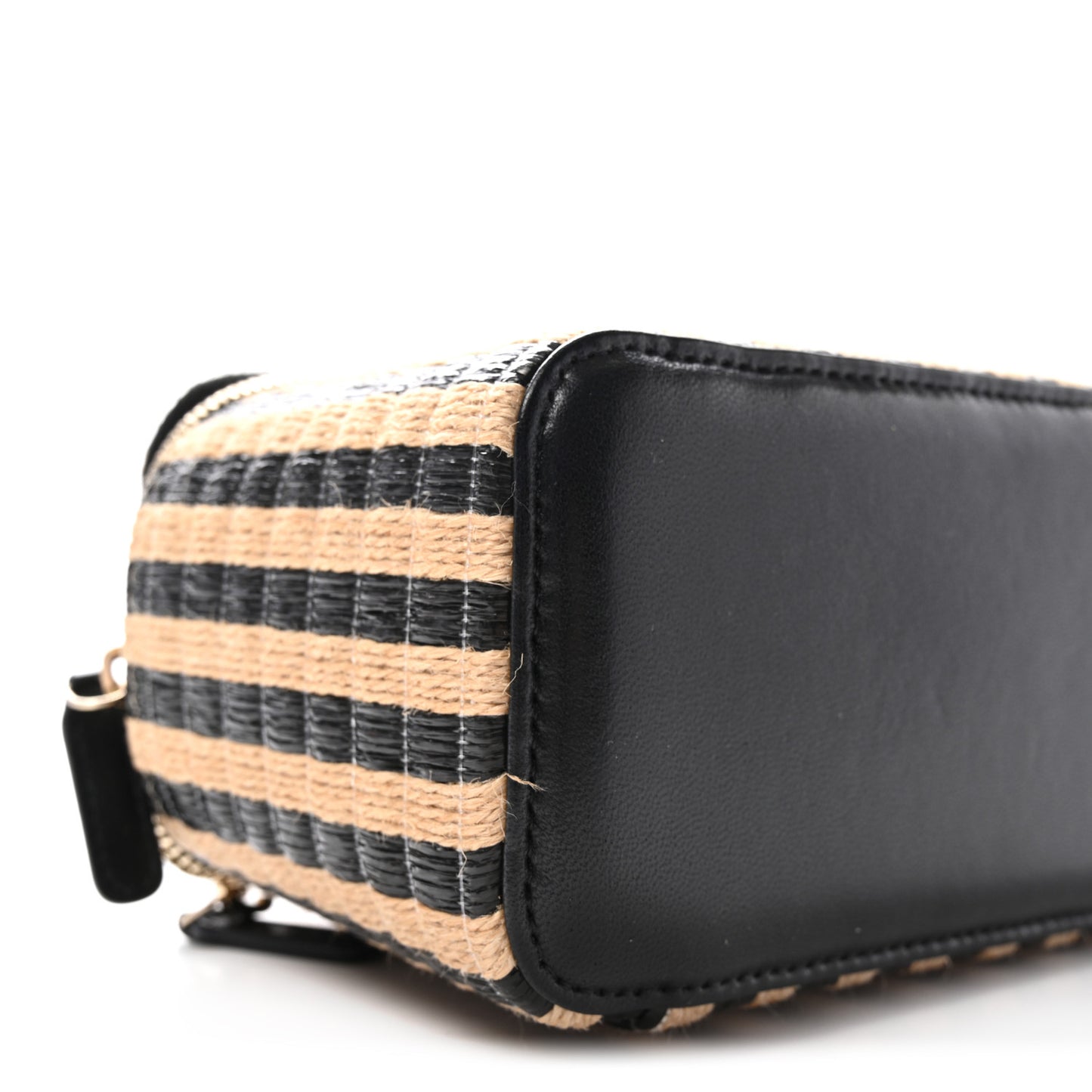 Raffia Jute Striped Small Vanity Case With Chain Black Beige