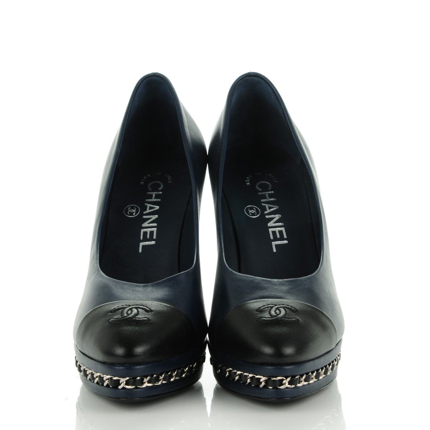 Calfskin CC Cap Toe Platform Chain Pumps 35 Navy Black