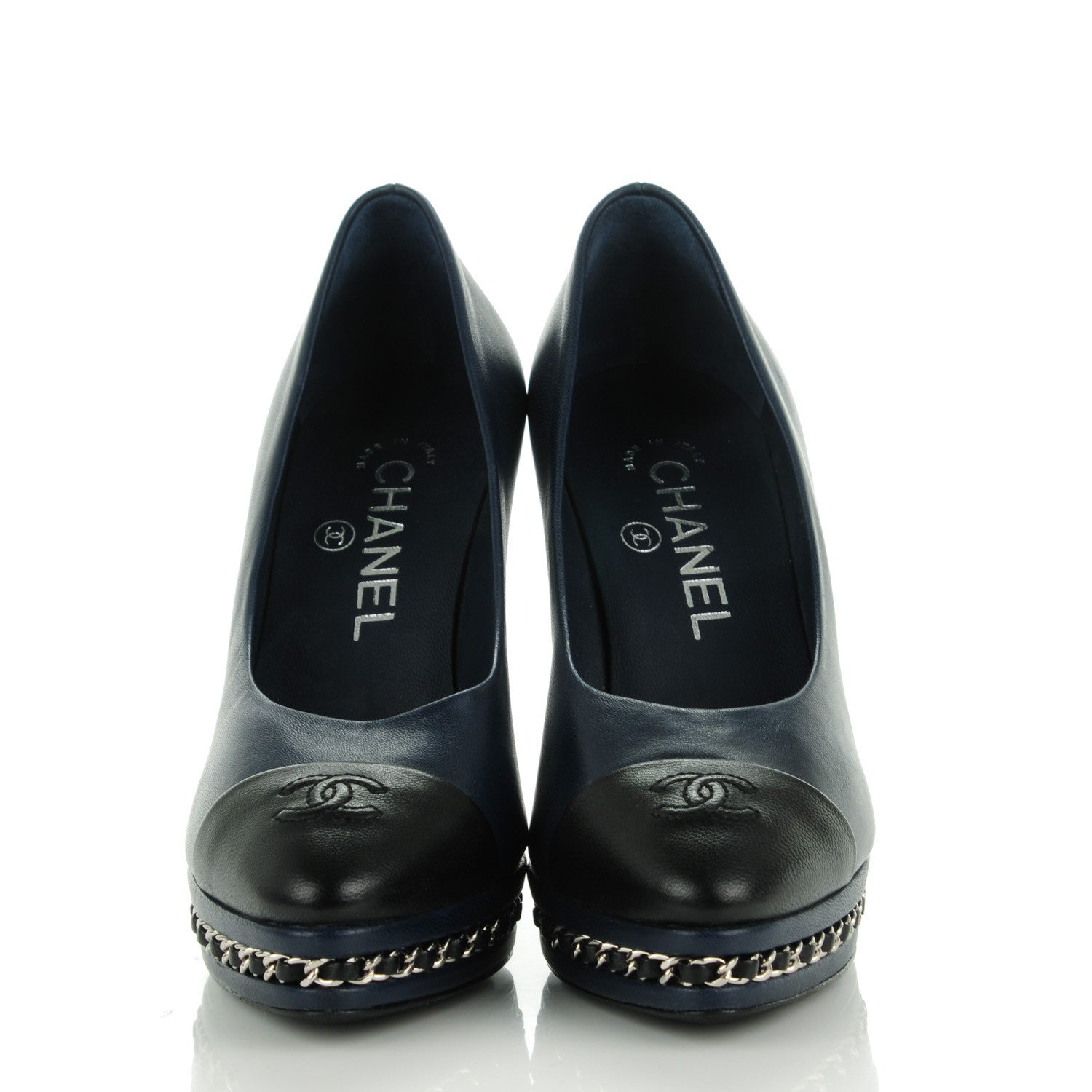 Chanel Calfskin CC Cap Toe Platform Chain Pumps 35 Navy Black 2 of 9
