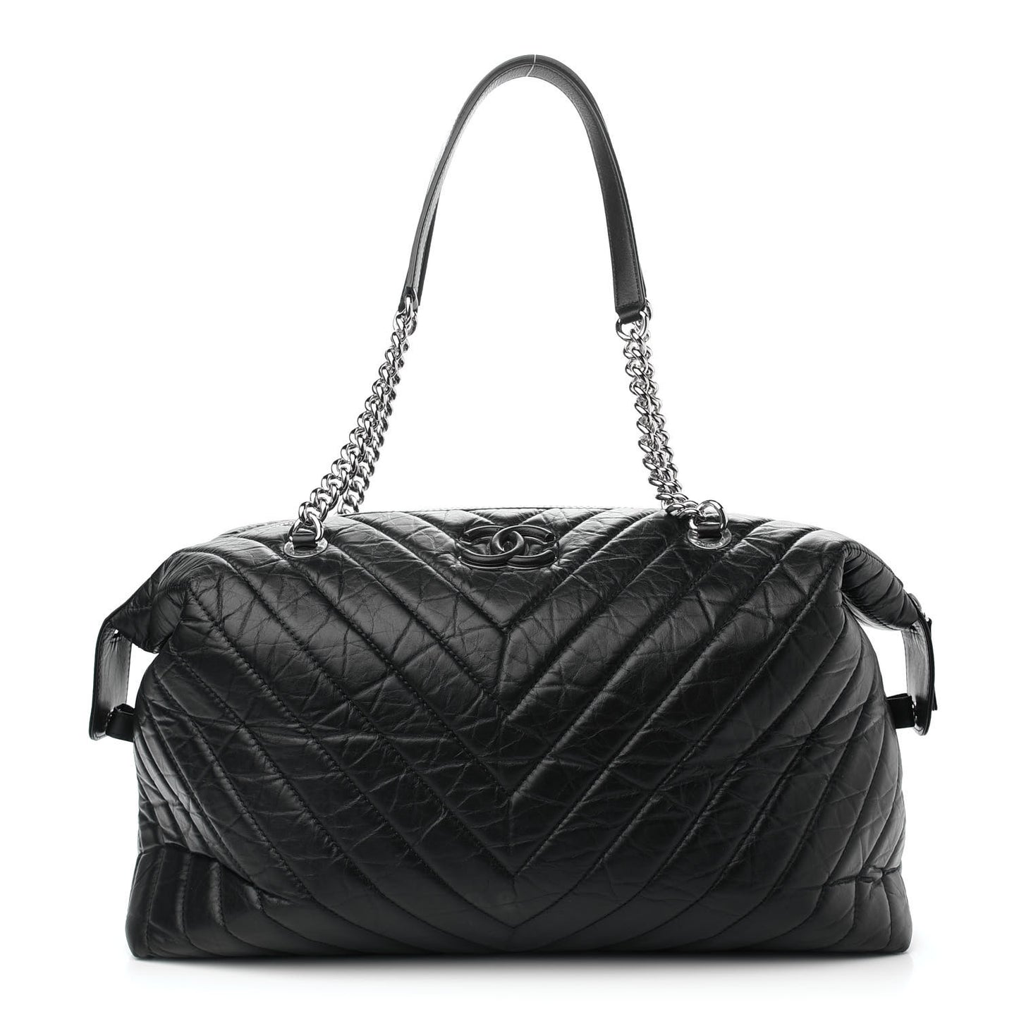 Aged Calfskin Chevron Quilted Duffle Bag Black