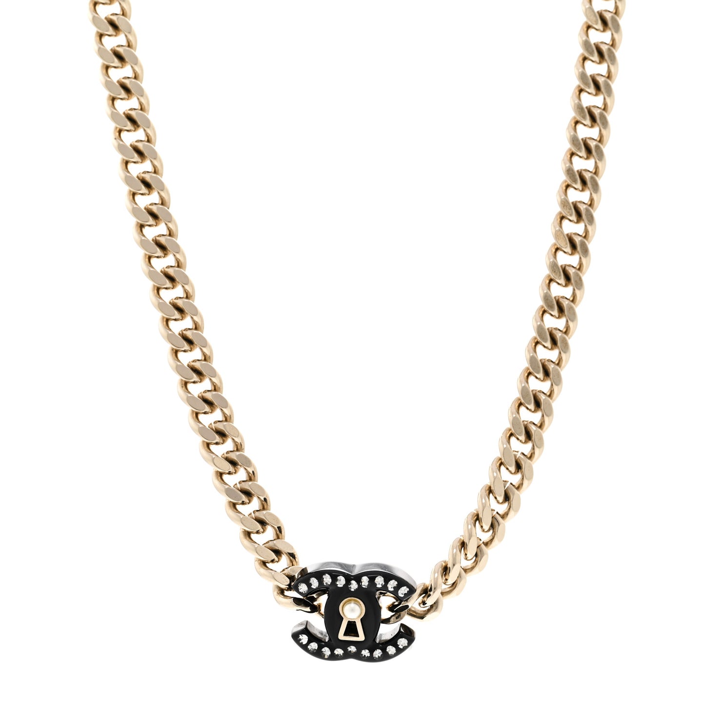 Crystal Pearl CC Lock Short Necklace Gold Black