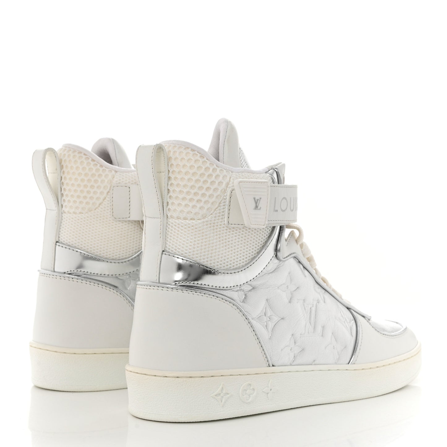 Metallic Calfskin Embossed Monogram Boombox Sneakers 37.5 White Silver