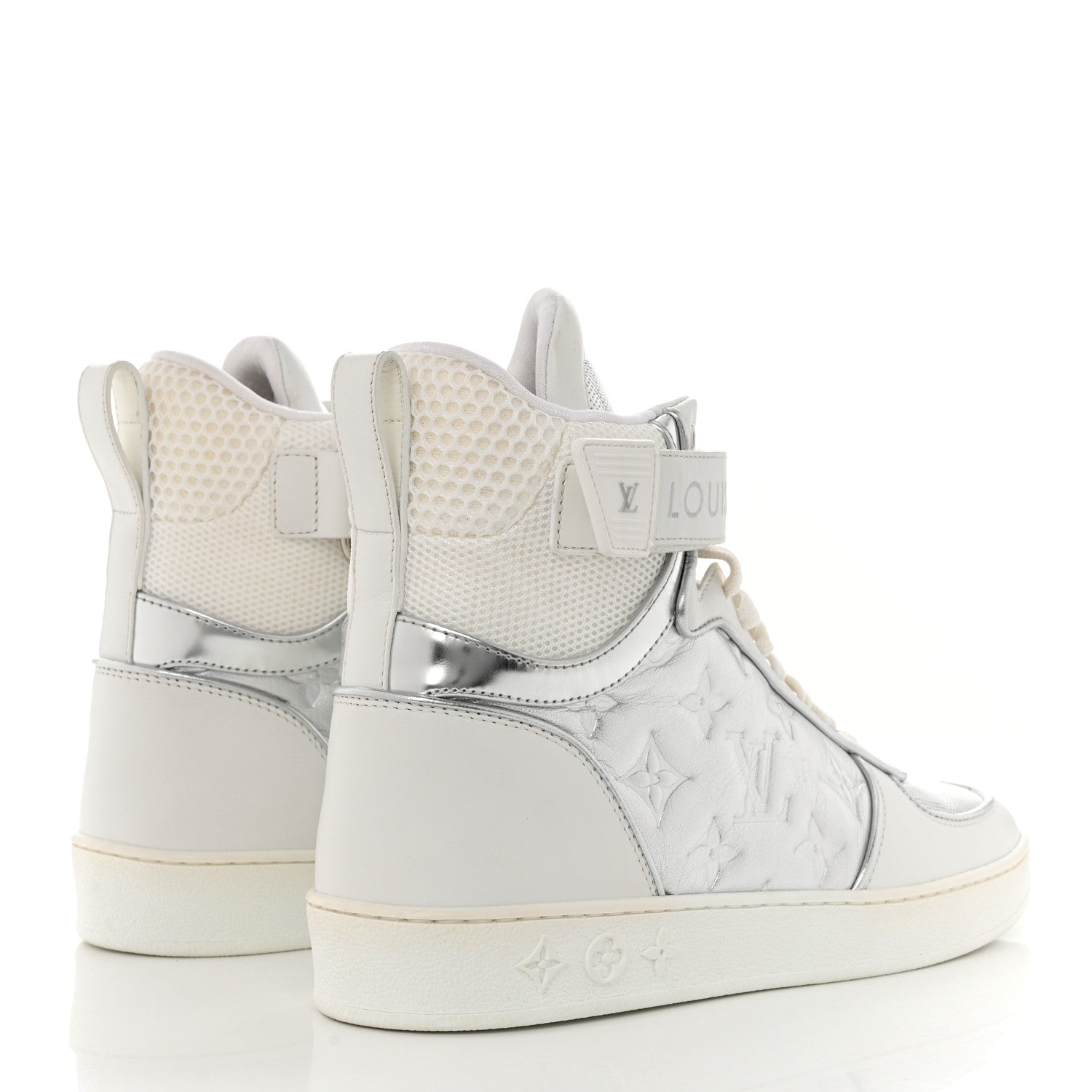 Louis Vuitton Metallic Calfskin Embossed Monogram Boombox Sneakers 37.5 White Silver 4 of 9