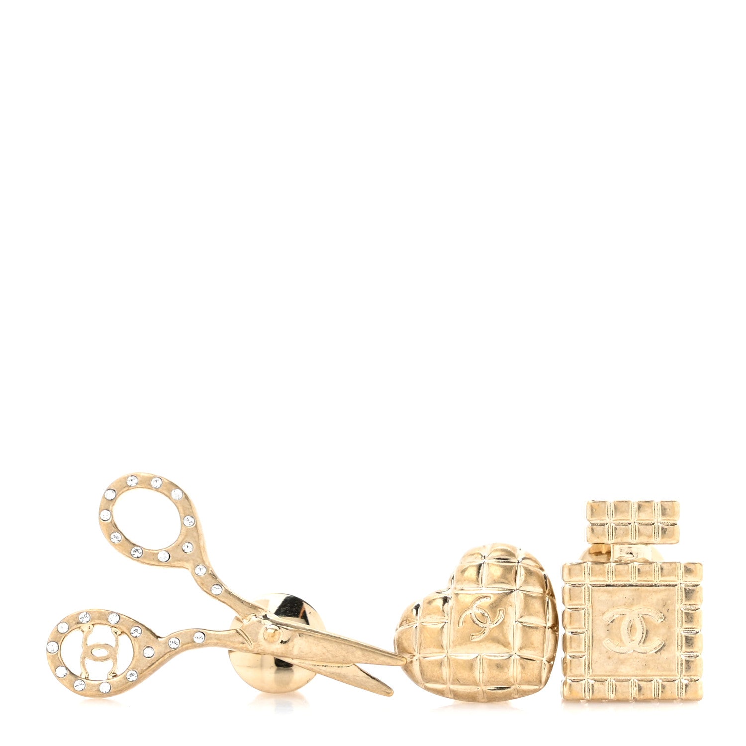 Chanel Metal Strass Crystal Quilted CC Heart Scissors Perfume Brooch Set Gold 1 of 4