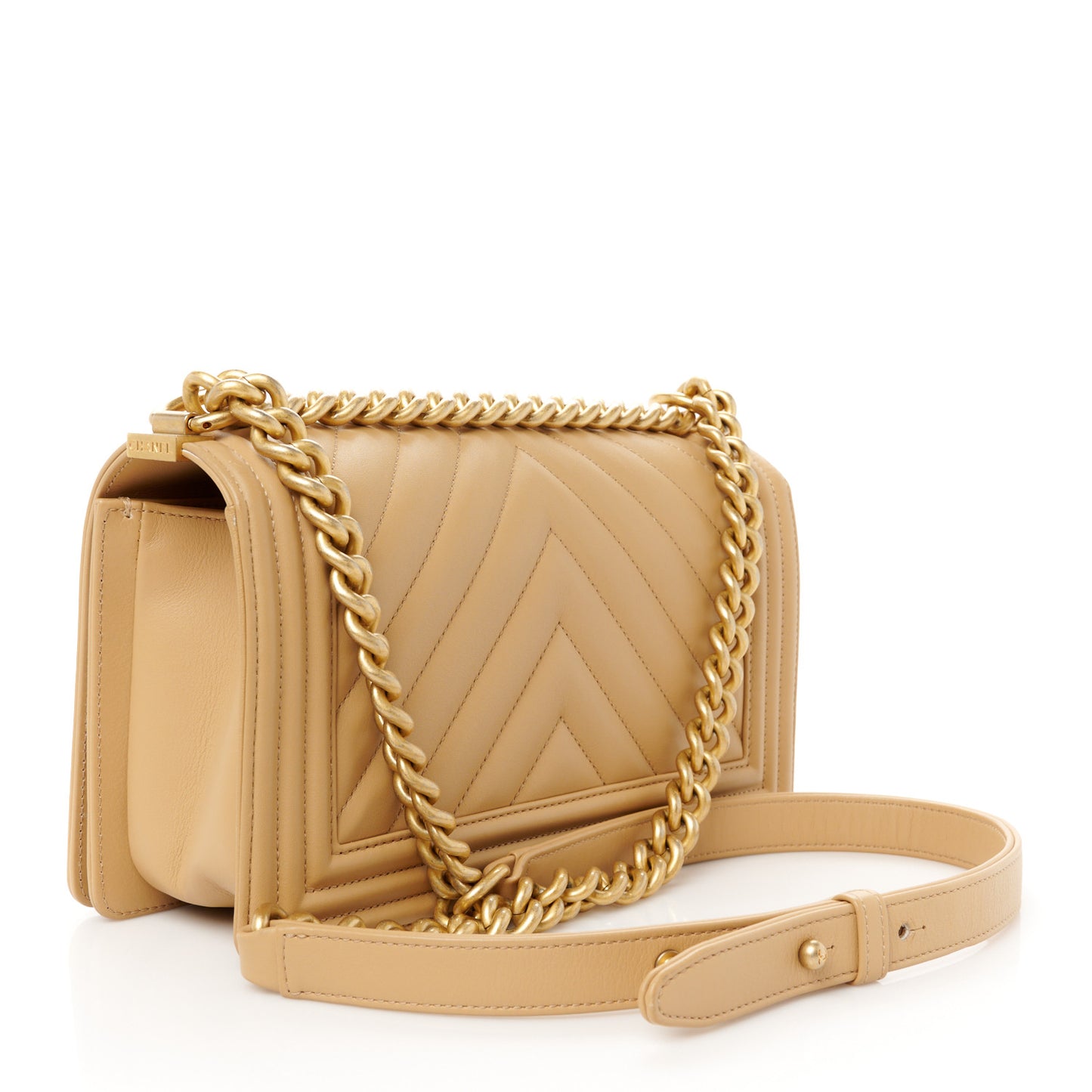 Calfskin Chevron Quilted Medium Boy Flap Beige