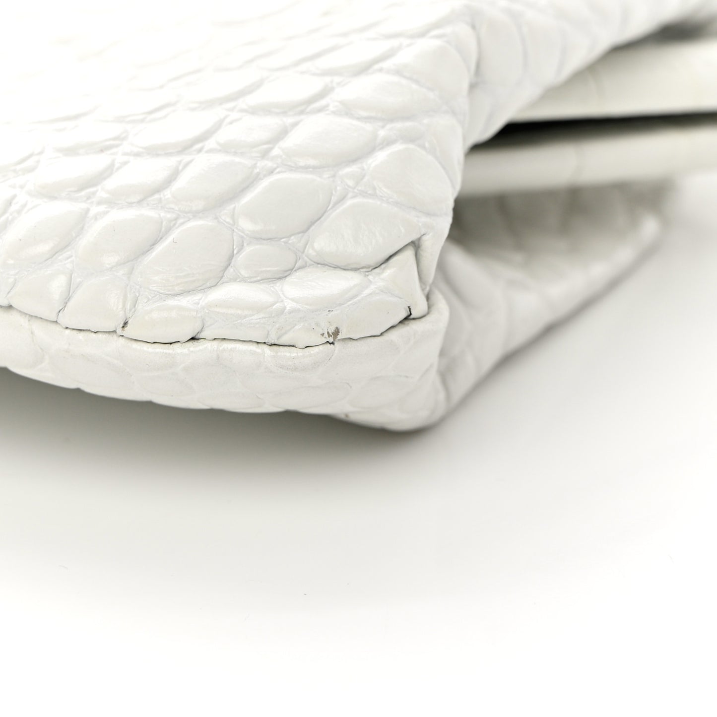 Shiny Supple Calfskin Logo Crocodile Embossed XL Cloud Clutch White