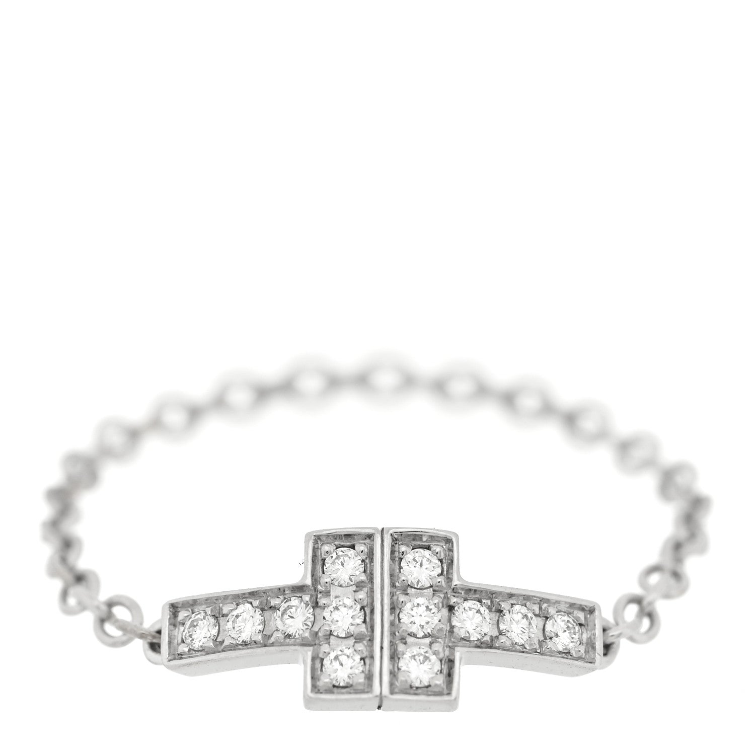 Tiffany 18K White Gold Diamond T Chain Ring 53 6.5 1 of 5